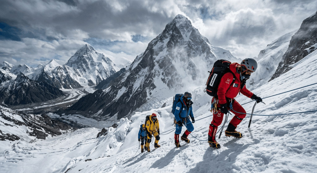 Trekkers climbing K2 mountain in Pakistan with snow covered peaks and extreme high altitude expedition in Gilgit Baltistan