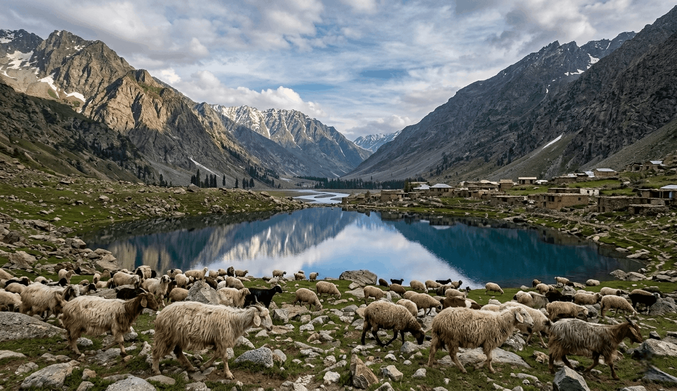 Breathtaking scenic view capturing the natural beauty of Swat Valley Pakistan, showcasing a crystal-clear lake surrounded by traditional village houses, green mountains, and sheep grazing on the rocky meadows. High-quality Swat images for travel guides.