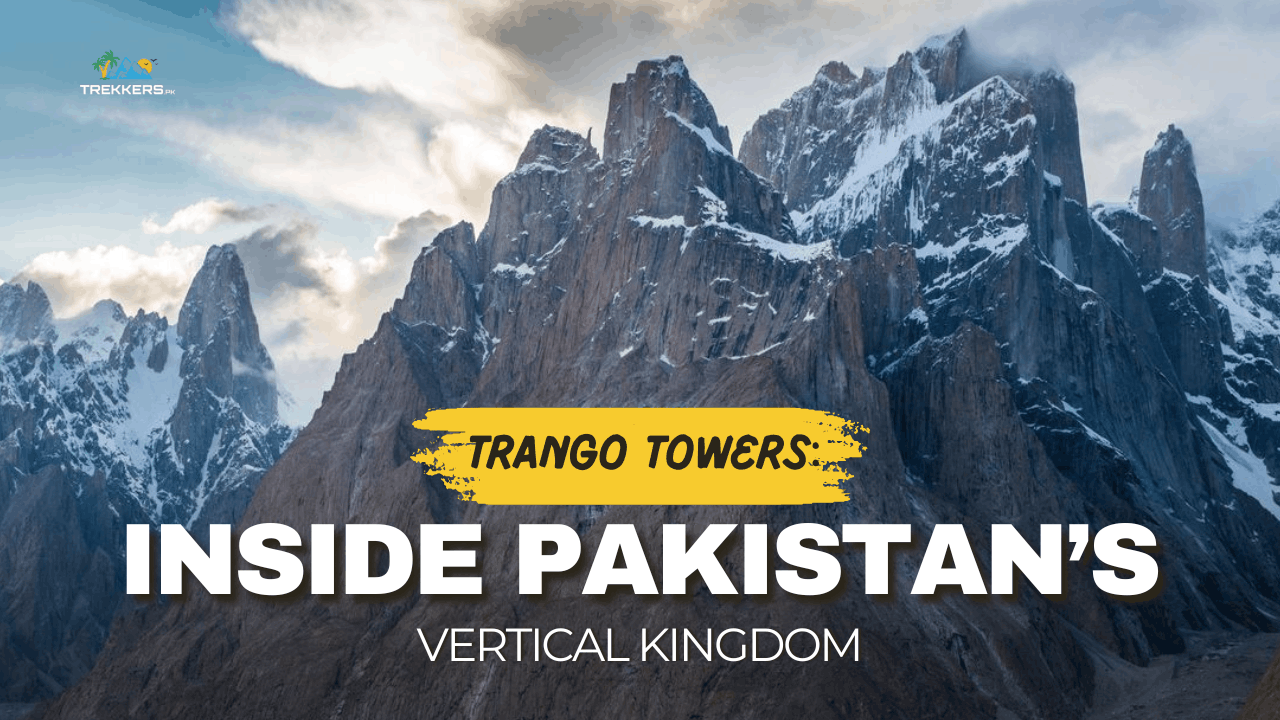 Majestic Trango Towers in Pakistan known as the vertical kingdom with snow-capped granite peaks.