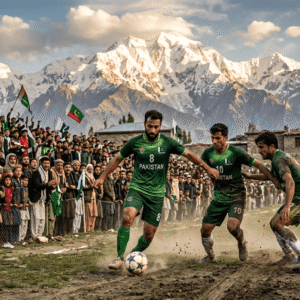 Local athletes playing high-altitude football in Northern Pakistan mountains ahead of the FIFA World Cup season.