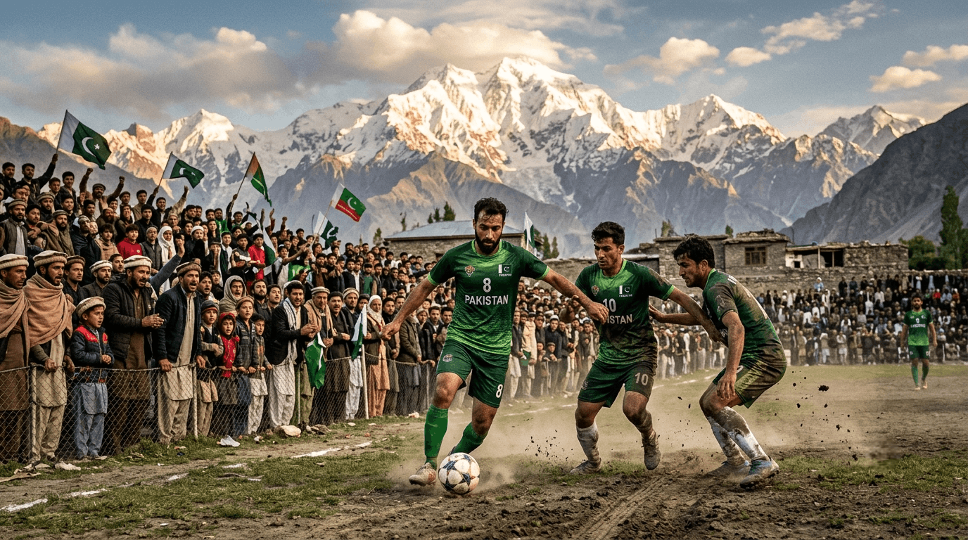 Local athletes playing high-altitude football in Northern Pakistan mountains ahead of the FIFA World Cup season.