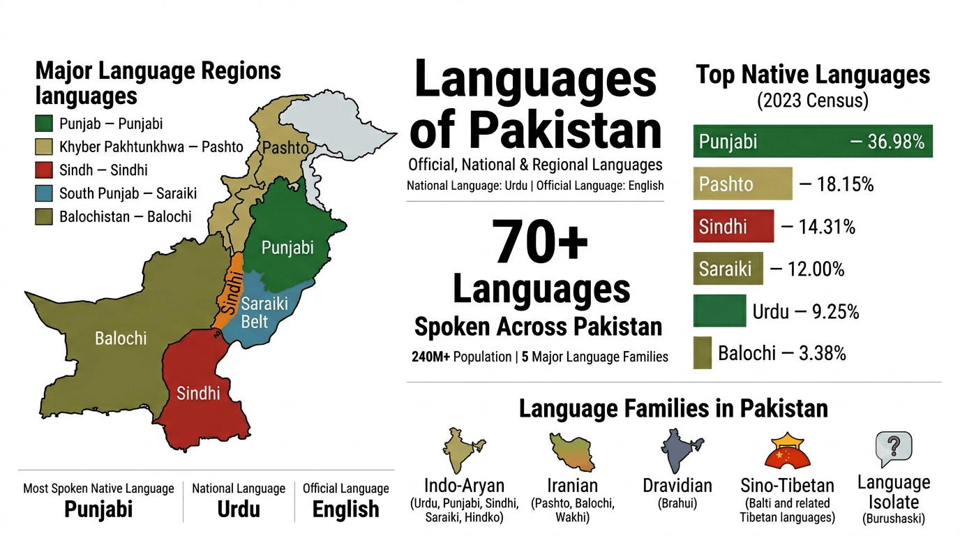Infographic showing the top native languages of Pakistan including Punjabi, Pashto, and Sindhi based on the 2023 census.