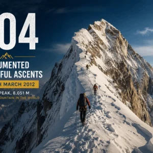 Infographic showing 404 documented successful ascents of Broad Peak through March 2012 against a backdrop of climbers on the mountain ridge.