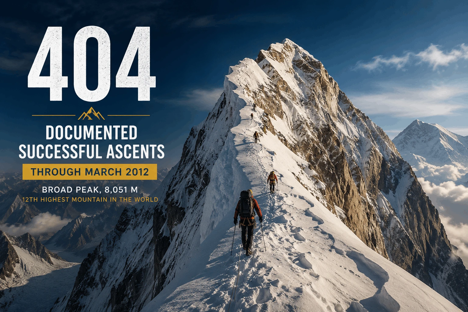 Infographic showing 404 documented successful ascents of Broad Peak through March 2012 against a backdrop of climbers on the mountain ridge.
