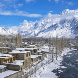 Scenic snow-covered view of Skardu town, highlighting it as a major cold place in Pakistan during winter.
