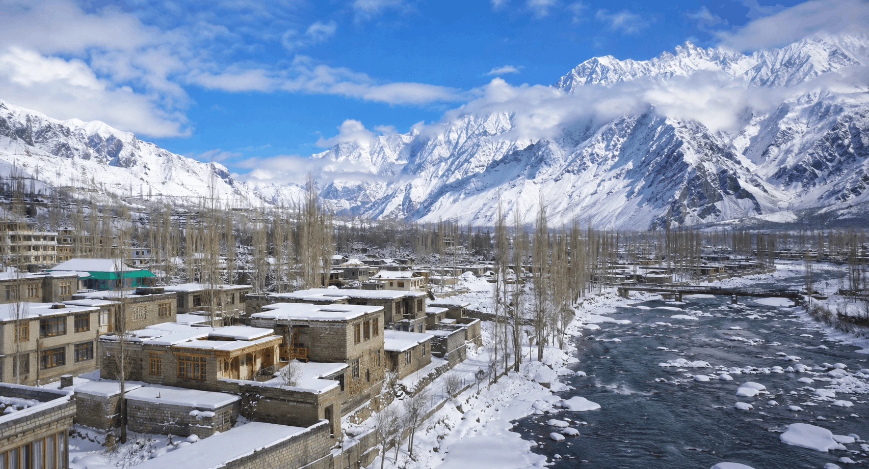 Scenic snow-covered view of Skardu town, highlighting it as a major cold place in Pakistan during winter.