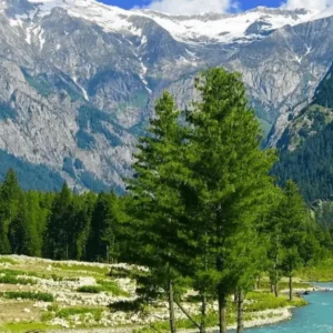 Panoramic view of the Panjkora River flowing through Kumrat Valley with snow-capped mountain peaks in Upper Dir District, Pakistan.