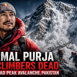 Composite graphic featuring a portrait of Nirmal Purja next to an illustrated snowy mountain avalanche and climbers on Broad Peak.
