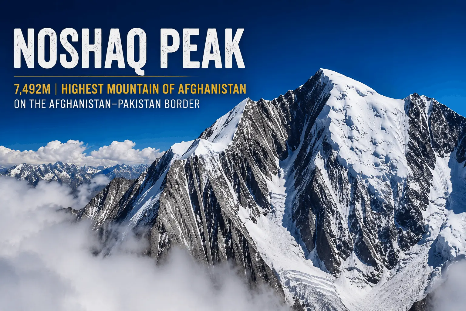 Panoramic aerial view of Noshaq Peak, Afghanistan's highest mountain at 7,492m on the Afghanistan-Pakistan border in the Hindu Kush range.