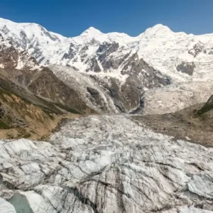 Broad view of the glacial basin and icy moraine Leading to the Diamir Face of Nanga Parbat