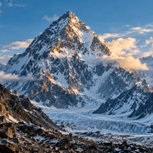 Wide view of K2, the highest mountain peak in Pakistan, rising over the Baltoro glacier as the crown jewel of the country's famous mountains.