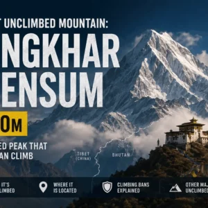 Infographic map showing Gangkhar Puensum at 7,570 meters on the Bhutan Tibet border, labeled as the world's highest unclimbed mountain.