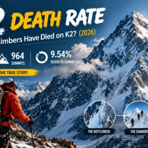 K2 death rate visual summary showing 92 deaths, 964 summits, and 9.54 percent death to summit ratio against K2 peak.