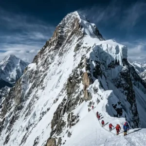 Mountaineers ascending a steep snow ridge on K2, one of the world's deadliest peaks in the Karakoram range.