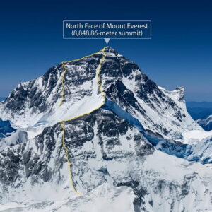 3D topographical map of the North Face of Mount Everest at 8,848.86 meters elevation showing yellow climbing route lines leading to the summit in Tibet.