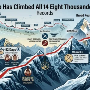 Who Has Climbed All 14 Eight Thousanders. Comprehensive visual timeline infographic showing key record holders who have climbed all 14 eight-thousanders including Reinhold Messner, Kristin Harila, Nima Rinji Sherpa, and Nirmal Purja.