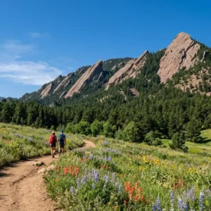 Two hikers walking along a wildflower trail toward the Flatirons in Chautauqua Park, one of the best hikes in Boulder Colorado.
