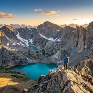 Panoramic alpine ridge view of a hiker exploring the best places to hike in Colorado with turquoise mountain lakes below.