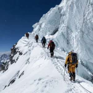 A line of mountaineers climbing high on K2 mountain during a summit attempt near the Bottleneck traverse at 8,000 meters.