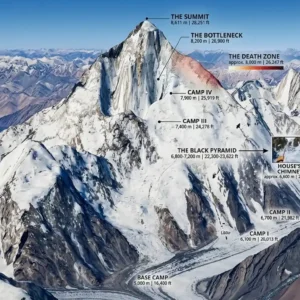 3D topographical infographic illustrating k2 bottleneck location, height at 8,200m, Camp IV, and the death zone.