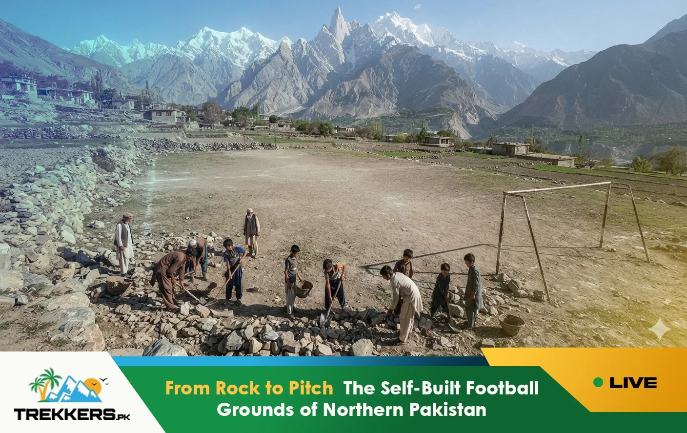 Self-built football ground carved into rocky mountain terrain in Northern Pakistan