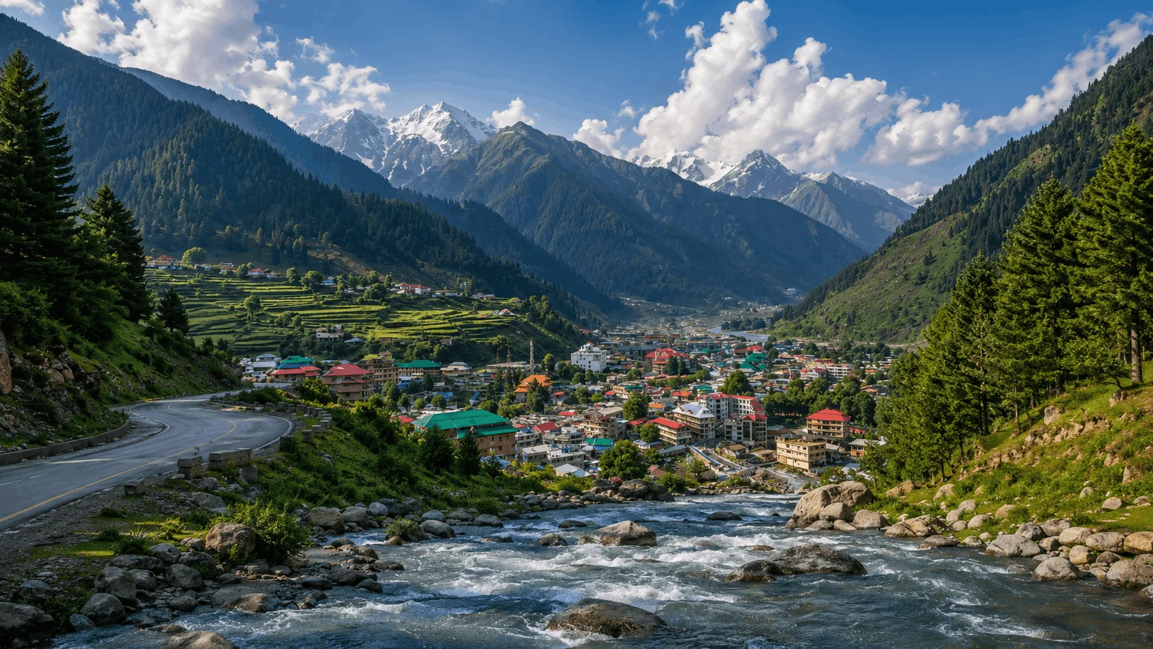 Panoramic landscape view of Naran Valley with the Kunhar River flowing past green mountains and Naran town in Khyber Pakhtunkhwa Pakistan.