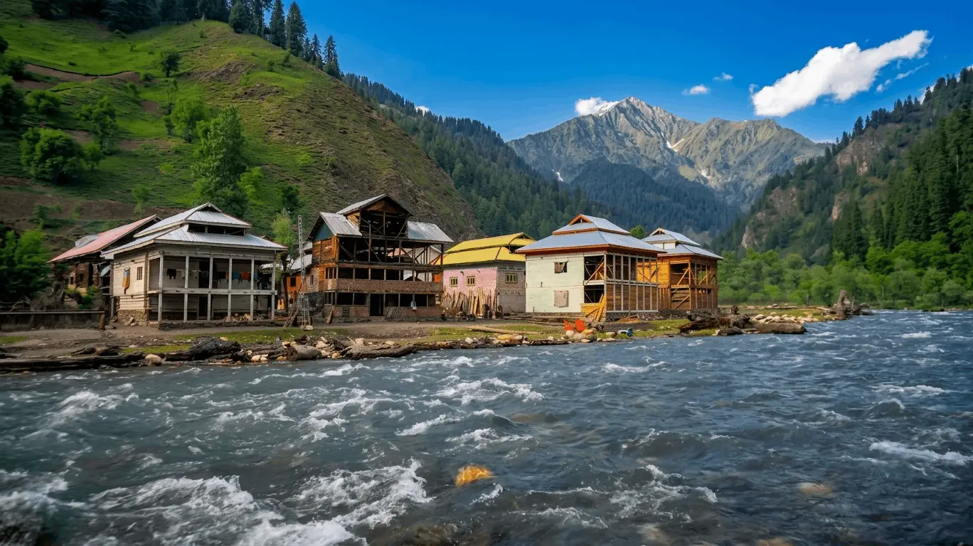 Wooden traditional houses along rushing blue river stream in Azad Kashmir Neelum Valley