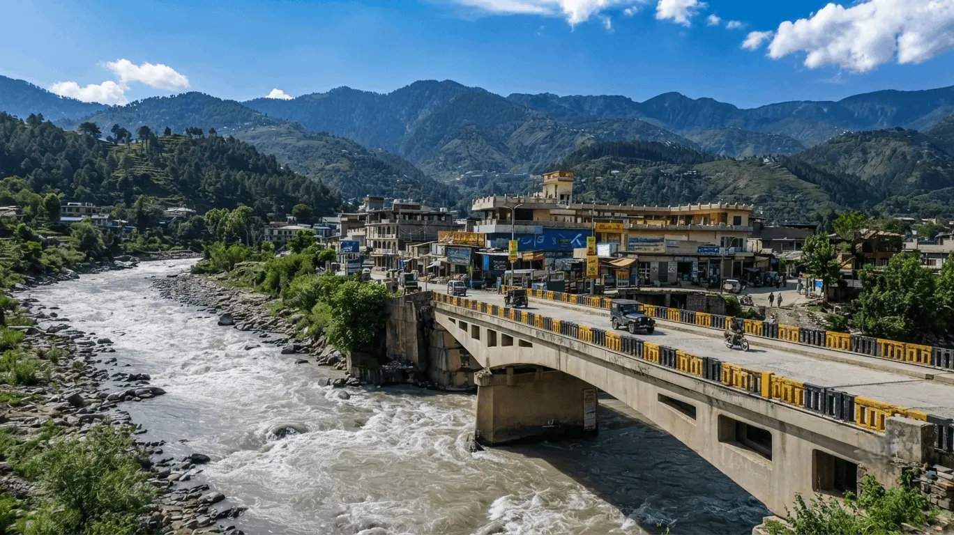 Comprehensive view of the town buildings, market area, and river bridges in Balakot.
