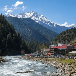 A real-world panoramic view of Kalam Valley in Upper Swat, Pakistan, showing the turquoise Swat River, traditional hotels along Kalam Bazaar, and the snow-capped Falak Sar mountain peak.