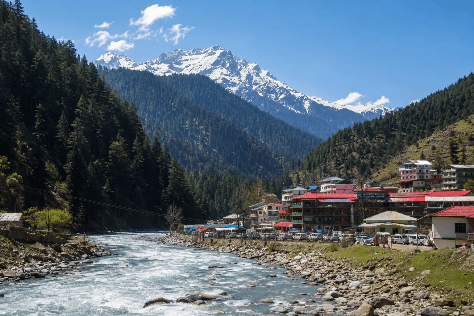 A real-world panoramic view of Kalam Valley in Upper Swat, Pakistan, showing the turquoise Swat River, traditional hotels along Kalam Bazaar, and the snow-capped Falak Sar mountain peak.
