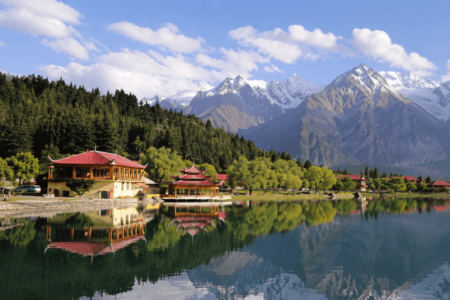 Complete travel guide to Skardu valley featuring the iconic Shangrila Resort pagodas on Lower Kachura Lake.