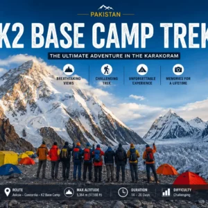 A group of adventure trekkers standing before the majestic snow peaks during a trek to K2 base camp in Pakistan. K2 Base Camp Trek Pakistan Guide