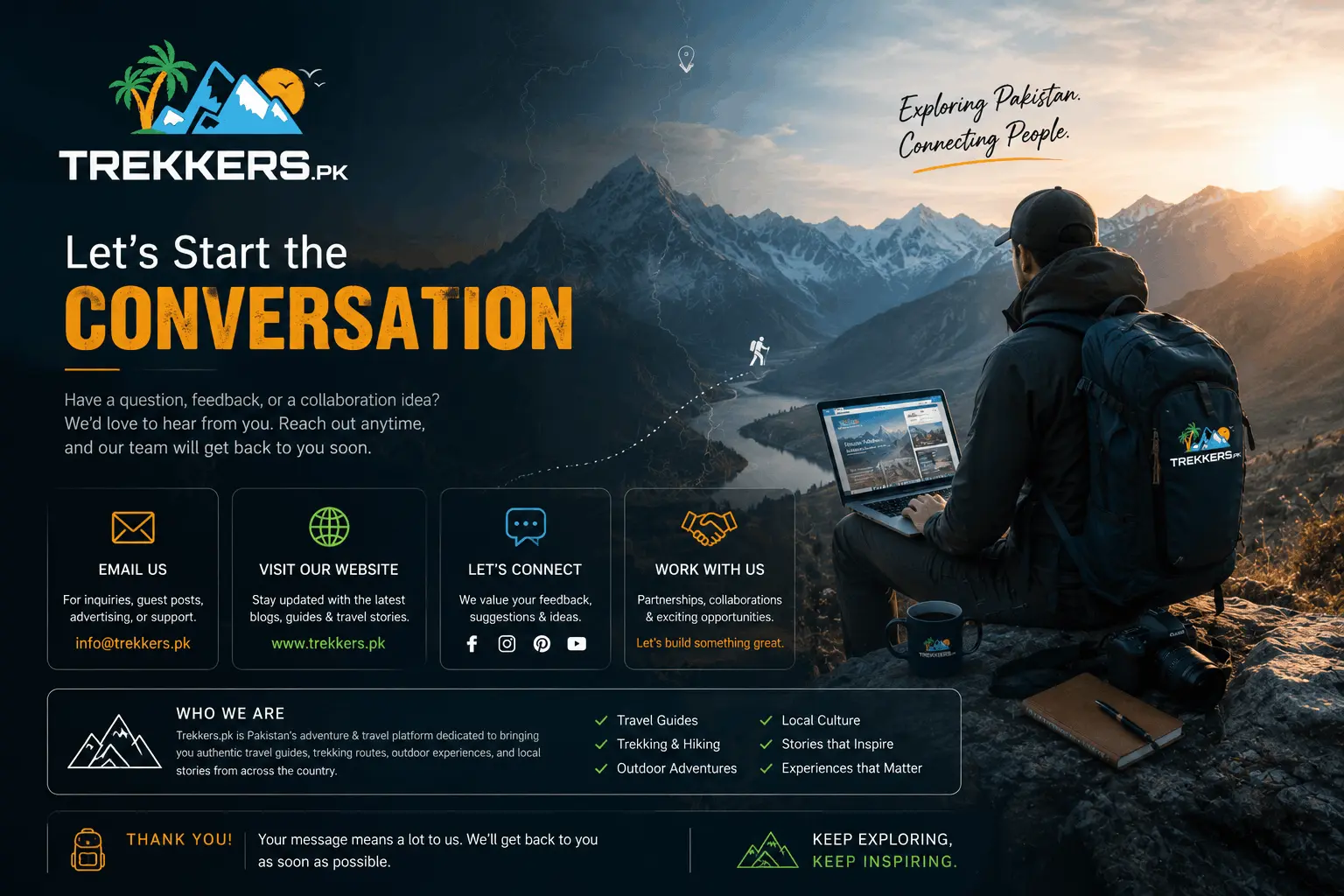 Trekkers.pk contact page banner featuring Pakistan's adventure travel platform with mountain landscapes and outdoor exploration.