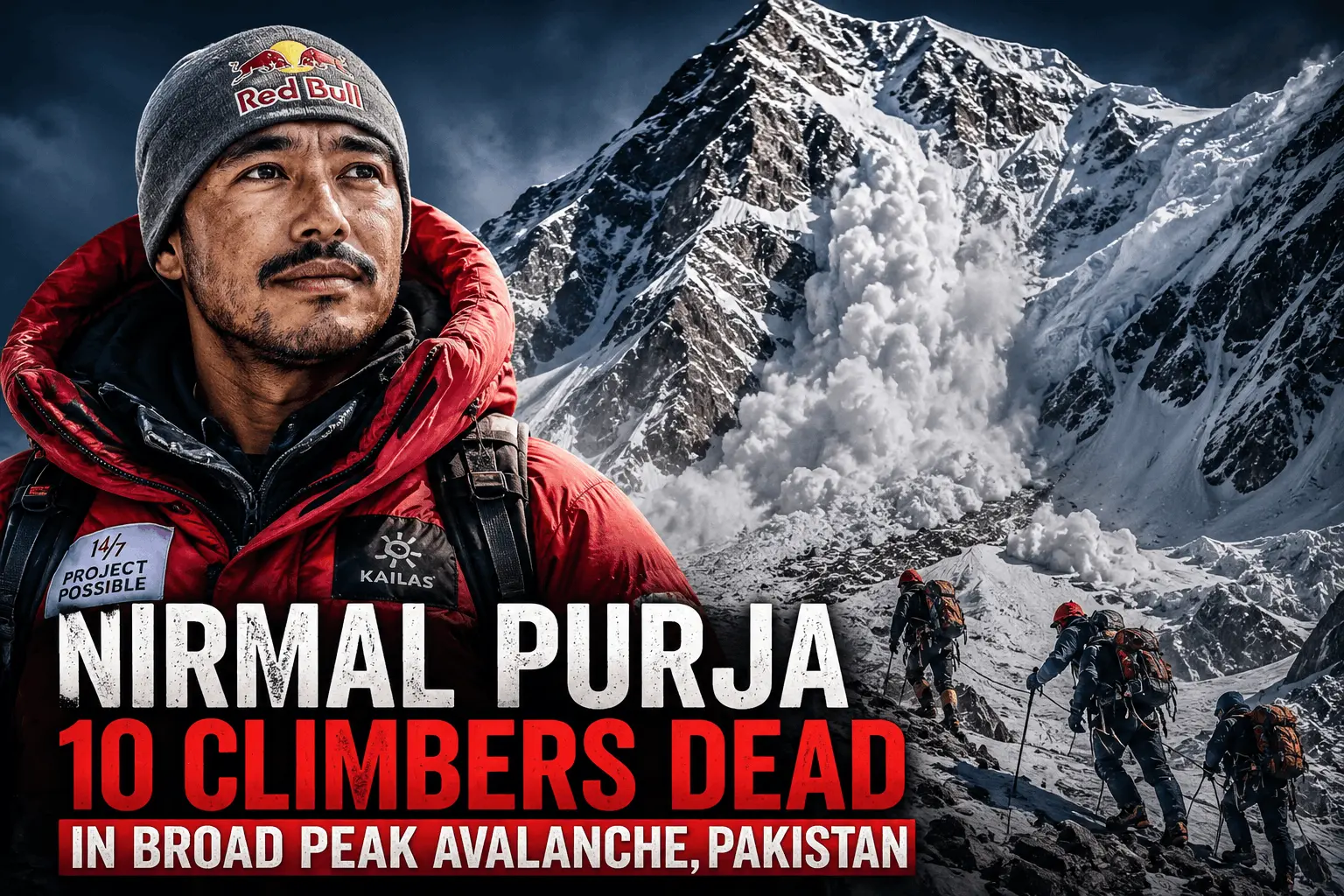 Composite graphic featuring a portrait of Nirmal Purja next to an illustrated snowy mountain avalanche and climbers on Broad Peak.