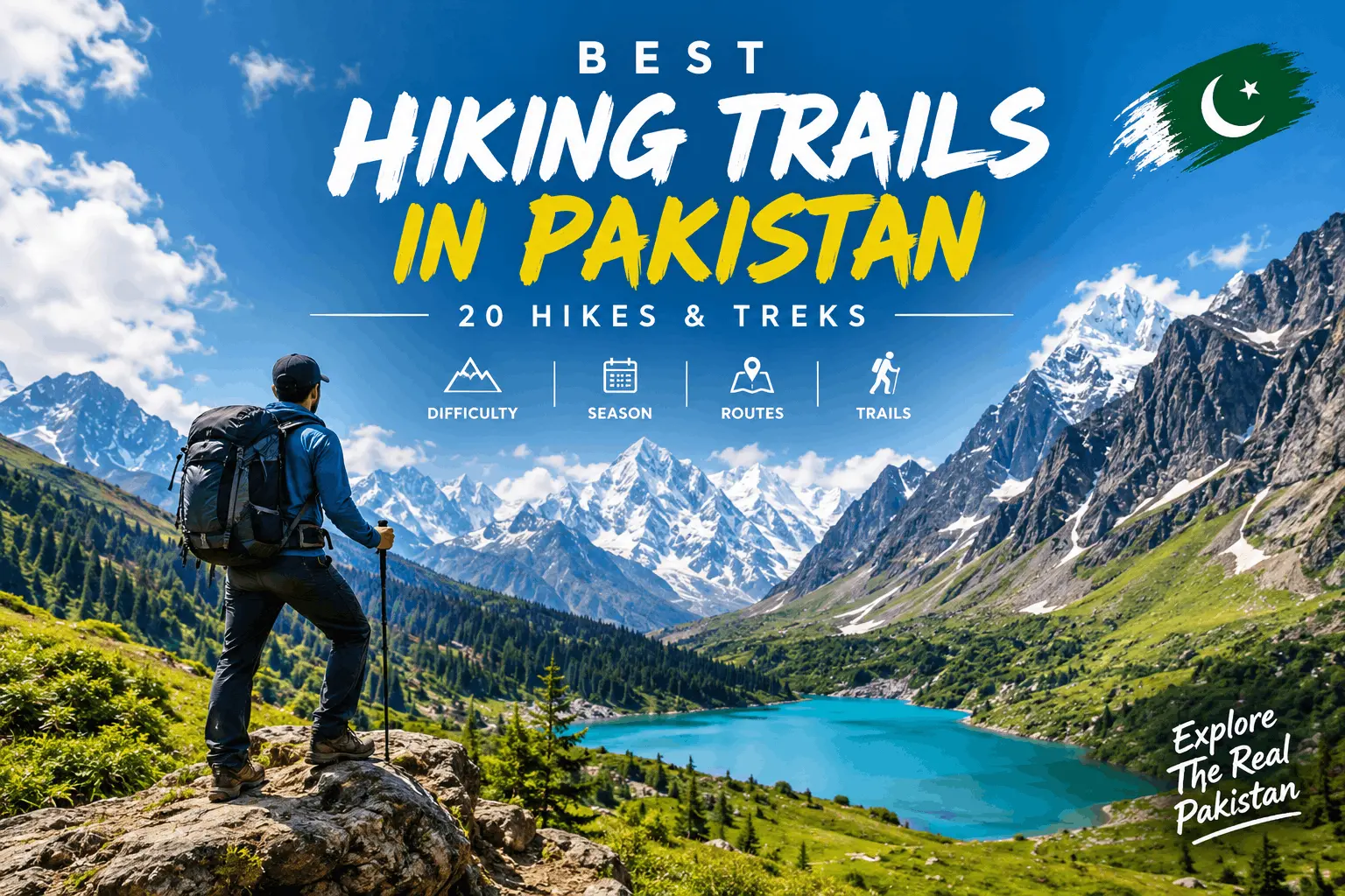 Overview map banner of the best hiking trails in Pakistan showing a trekker looking over alpine lakes and mountain ranges.
