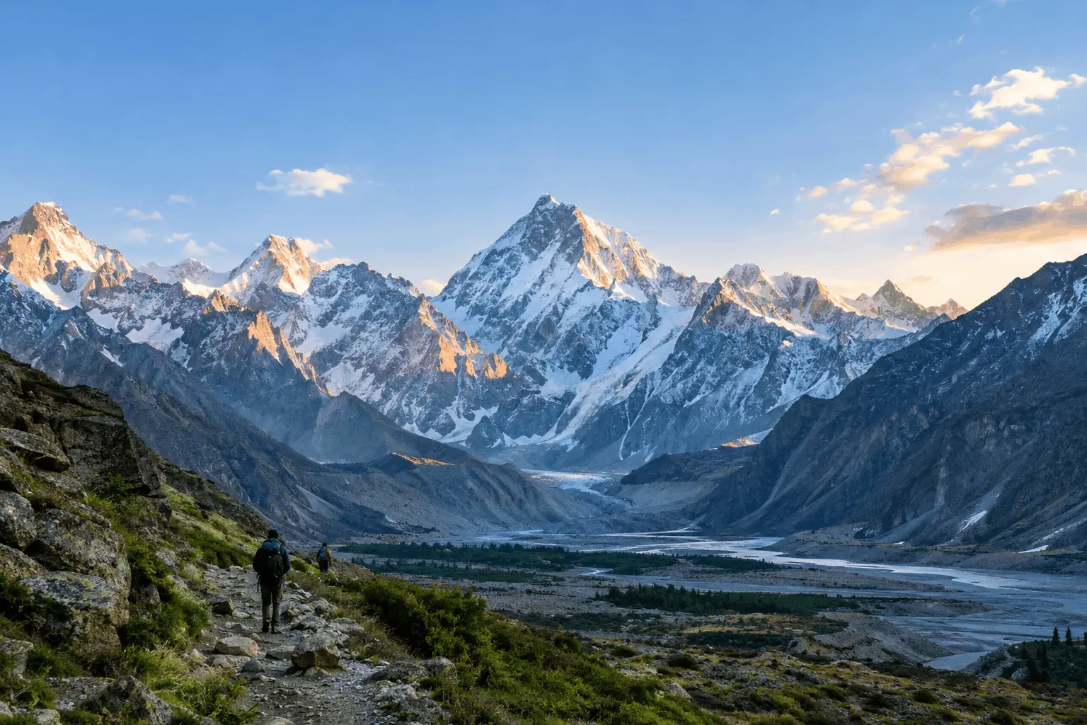A sweeping panoramic landscape showing trekkers hiking a trail through a valley toward snow-covered high peaks including K2 at sunset, located in the Concordia region of Pakistan. Best Mountains to Visit in Pakistan