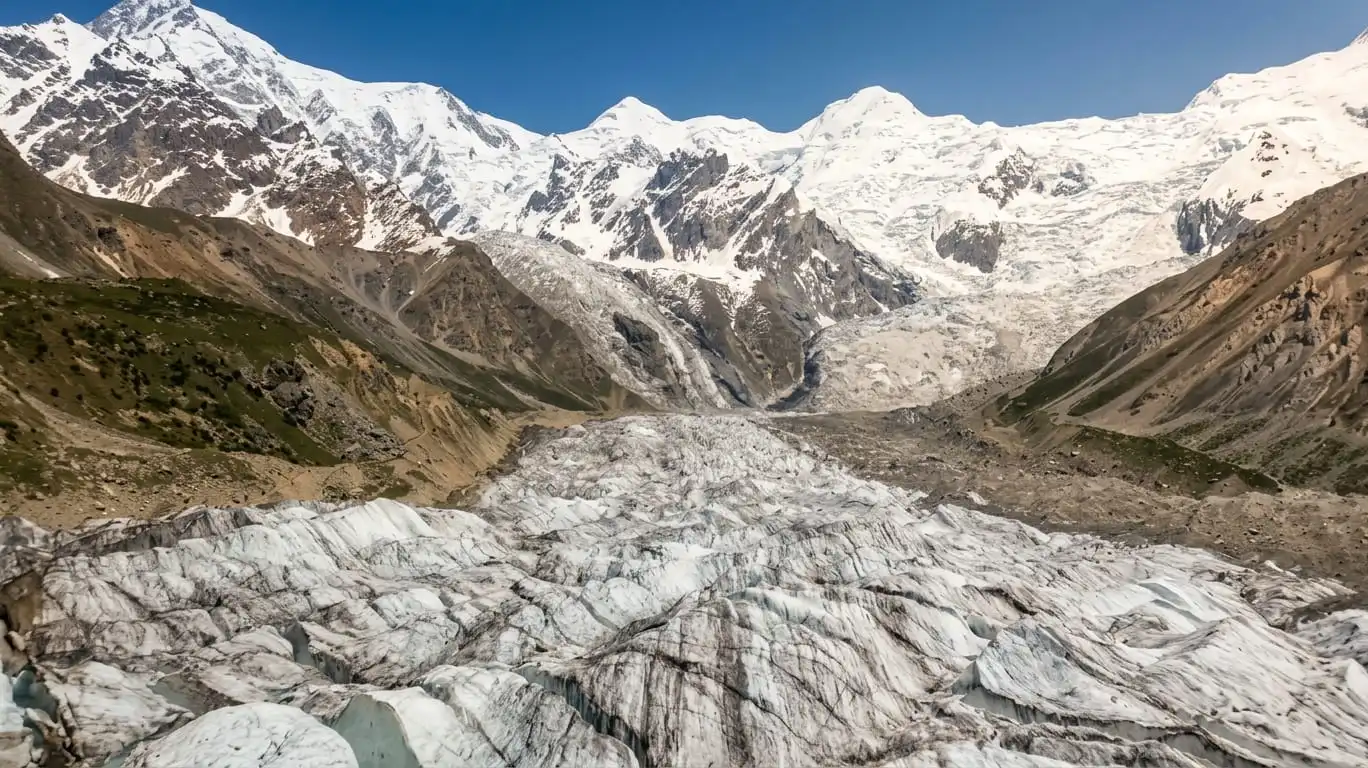 Broad view of the glacial basin and icy moraine Leading to the Diamir Face of Nanga Parbat