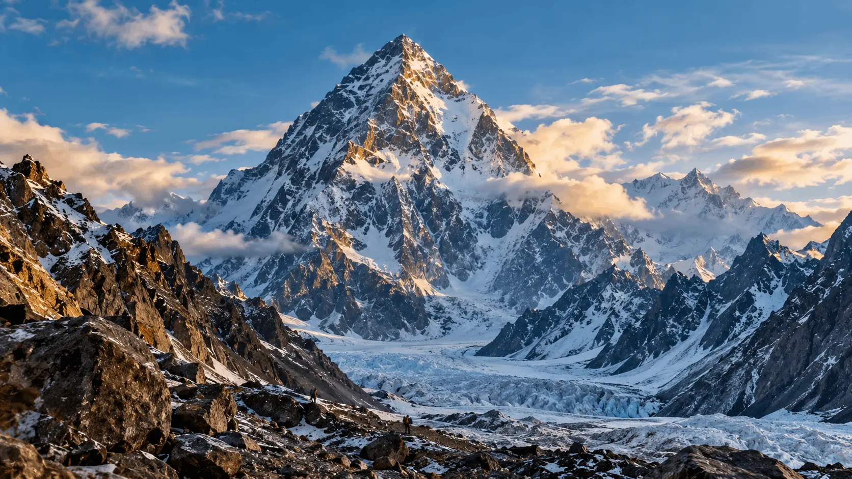 Wide view of K2, the highest mountain peak in Pakistan, rising over the Baltoro glacier as the crown jewel of the country's famous mountains.