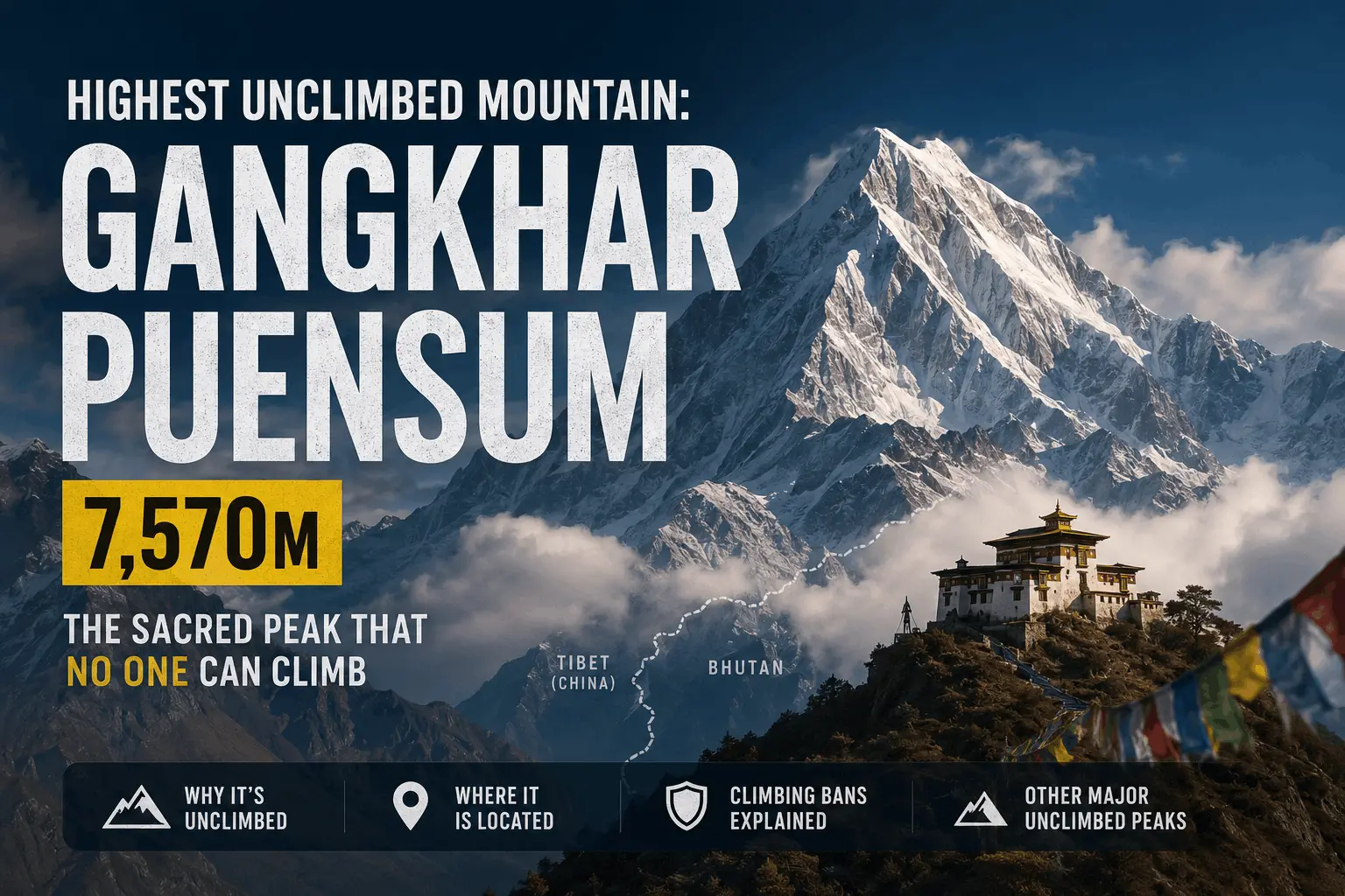 Infographic map showing Gangkhar Puensum at 7,570 meters on the Bhutan Tibet border, labeled as the world's highest unclimbed mountain.