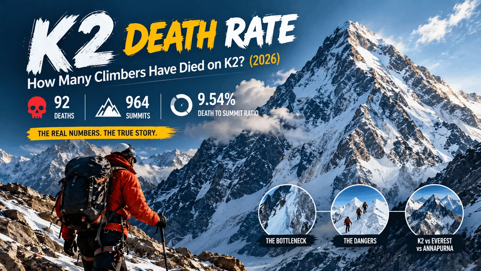 K2 death rate visual summary showing 92 deaths, 964 summits, and 9.54 percent death to summit ratio against K2 peak.