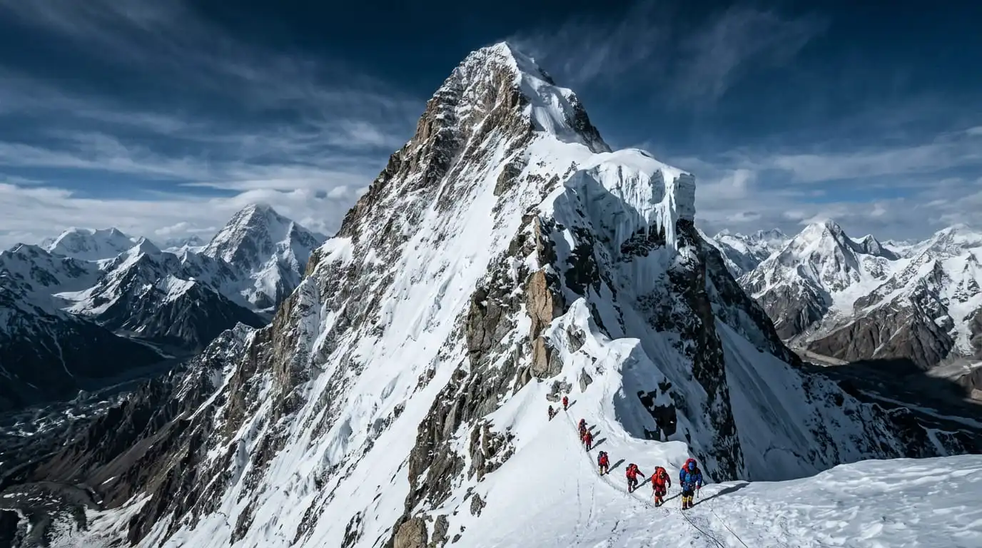 Mountaineers ascending a steep snow ridge on K2, one of the world's deadliest peaks in the Karakoram range.