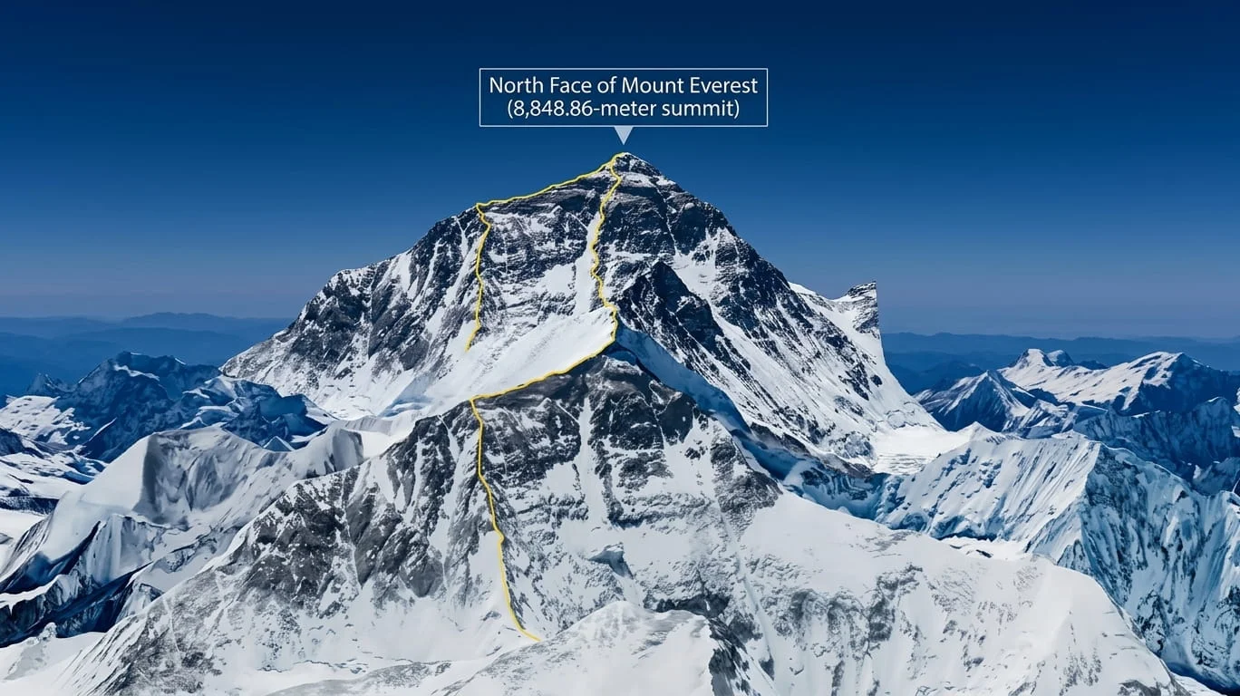 3D topographical map of the North Face of Mount Everest at 8,848.86 meters elevation showing yellow climbing route lines leading to the summit in Tibet.