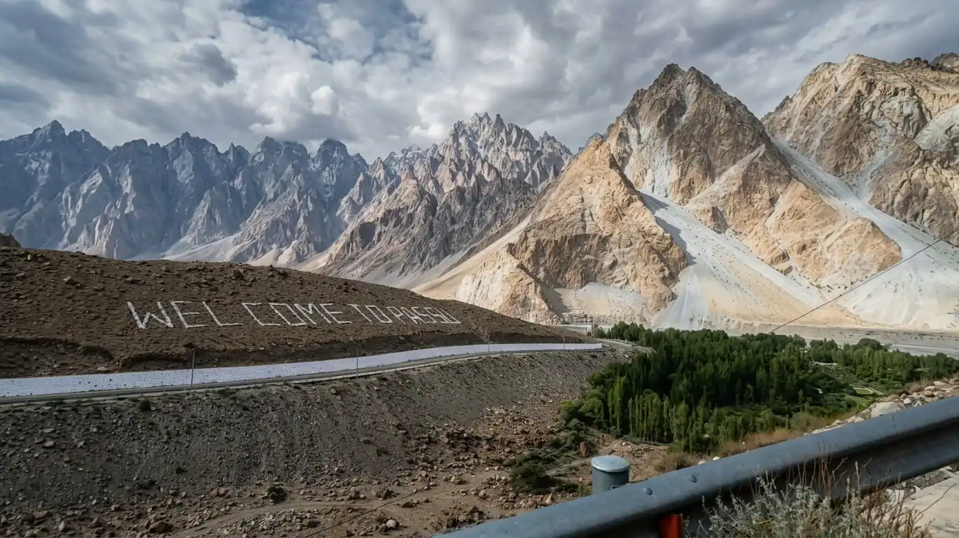 Scenic view of the iconic Welcome to Passu signboard along the highway with the sharp peaks of Passu Cones in Hunza Valley in the background.