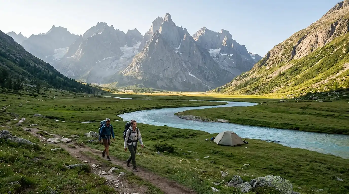 Two backpackers walking along a valley stream with a campsite tent and sharp granite mountain peaks in the background. Things to Do on a Mountain