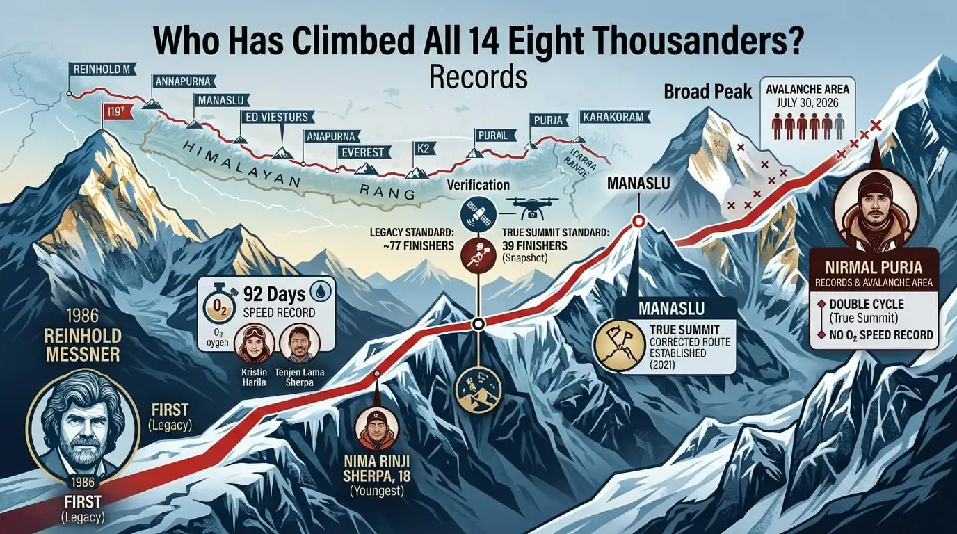 Who Has Climbed All 14 Eight Thousanders. Comprehensive visual timeline infographic showing key record holders who have climbed all 14 eight-thousanders including Reinhold Messner, Kristin Harila, Nima Rinji Sherpa, and Nirmal Purja.